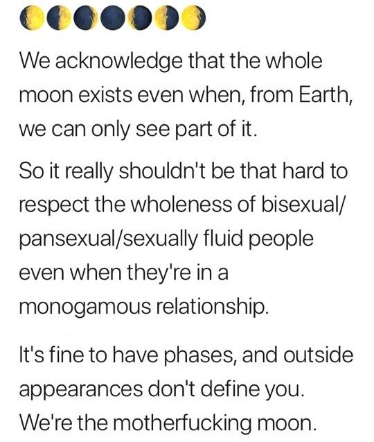 screenshot of a tweet that says "We acknowledge that the whole moon exists even when, from Earth, we can only see part of it. So it really shouldn't be that hard to respect the wholeness of bisexual/pansexual/sexually fluid people even when they're in a monogamous relationship. It's fine to have phases, and outside appearances don't define you. We're the motherfucking moon."